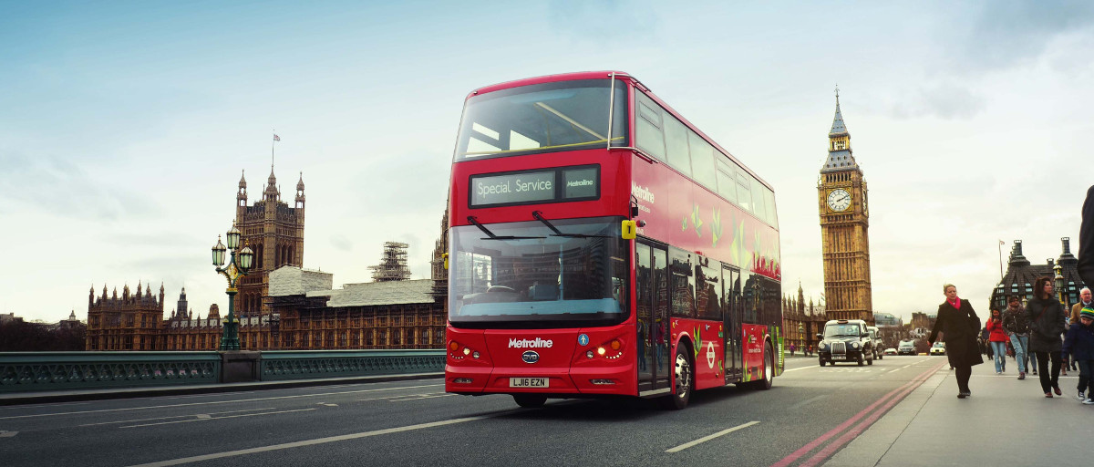 The all electric version of the iconic double decker London red bus crosses Westminster bridge as a part of the vehicles lauch event image courtesy of BYD